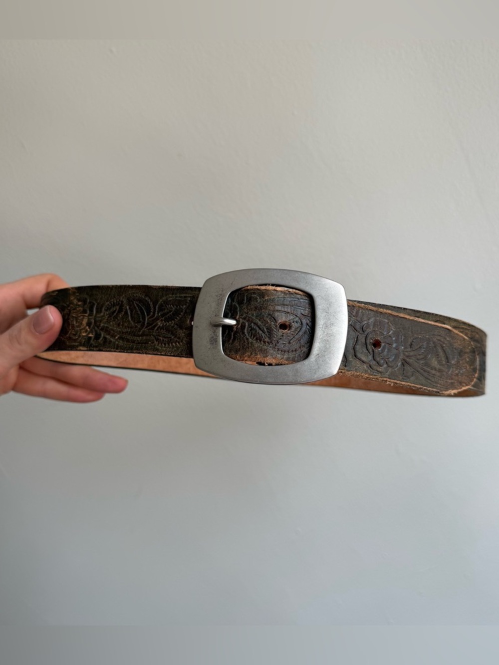 Tooled Leather Belt in Brown